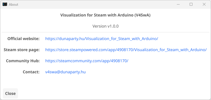 About window for Visualization for Steam with Arduino on Windows 11