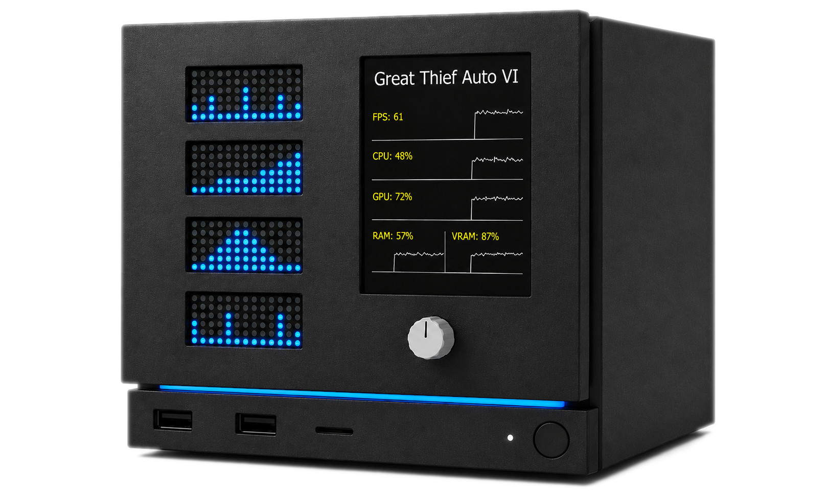 Concept rendering of a custom Steam Machine front plate with an Arduino display